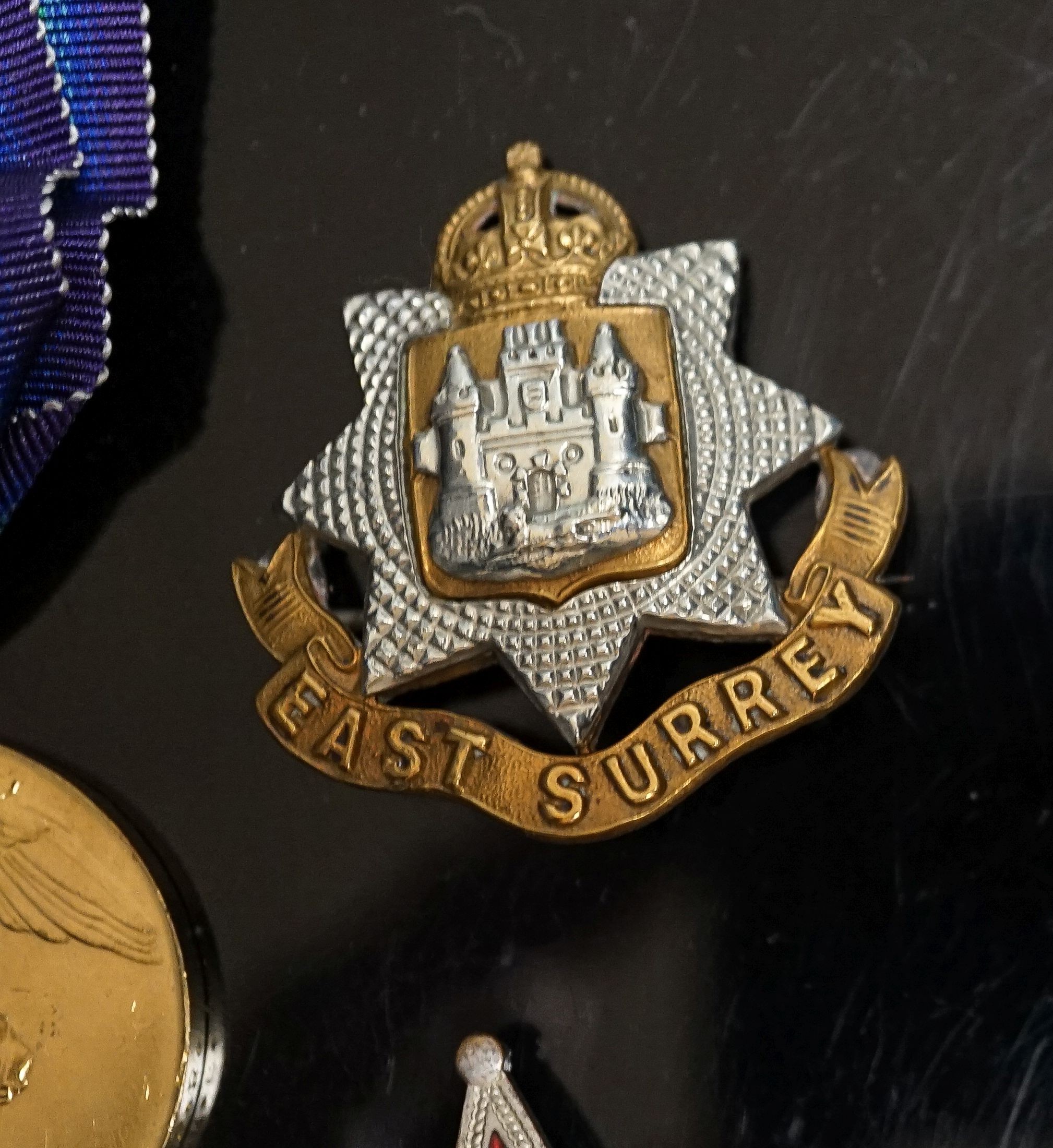 A WWI pair to 23125 PTE. H. ROFE E.SUR. R., together with an East Surrey Regiment cap badge, two other cap badges and a Gallipoli star